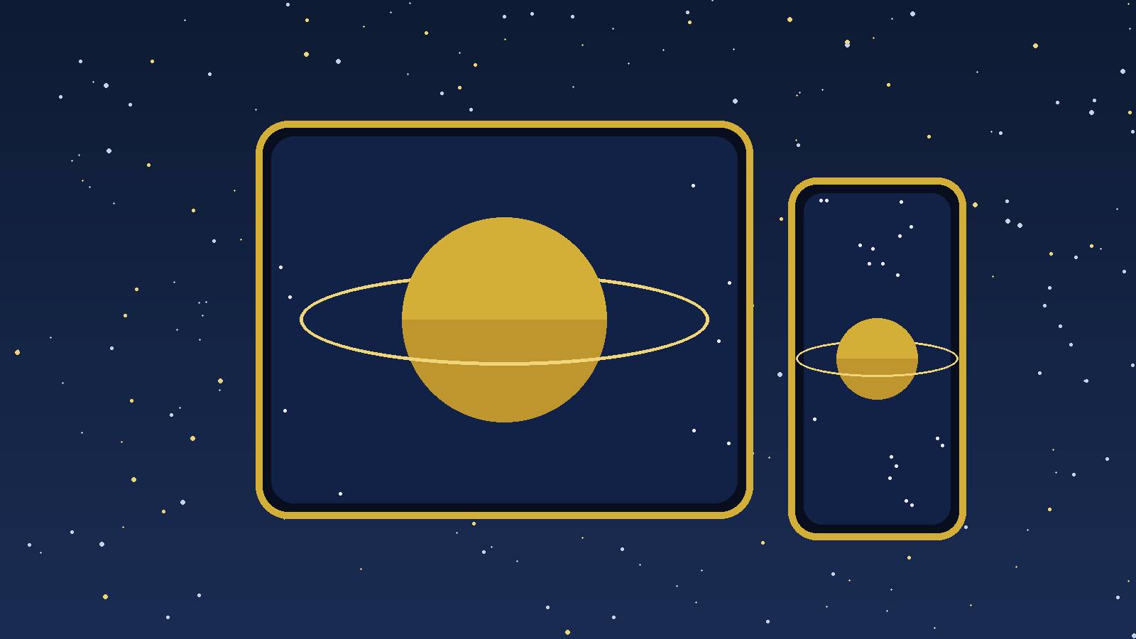 Illustration of a tablet and a phone each showing a ringed planet in a starfield, in gold on navy