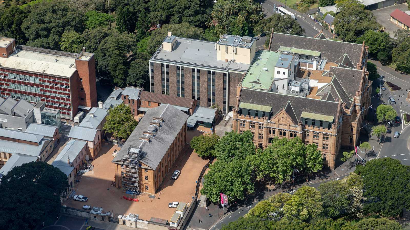 Hyde Park Barracks and nearby sandstone and brick buildings in Sydney's CBD, seen from Sydney Tower