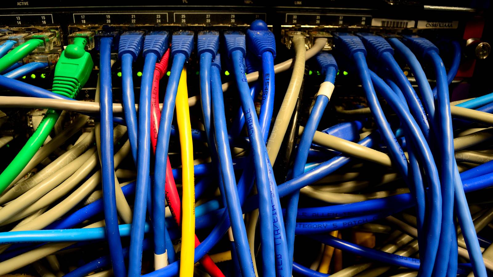 Dozens of blue, grey, yellow and green Ethernet cables plugged into a network switch