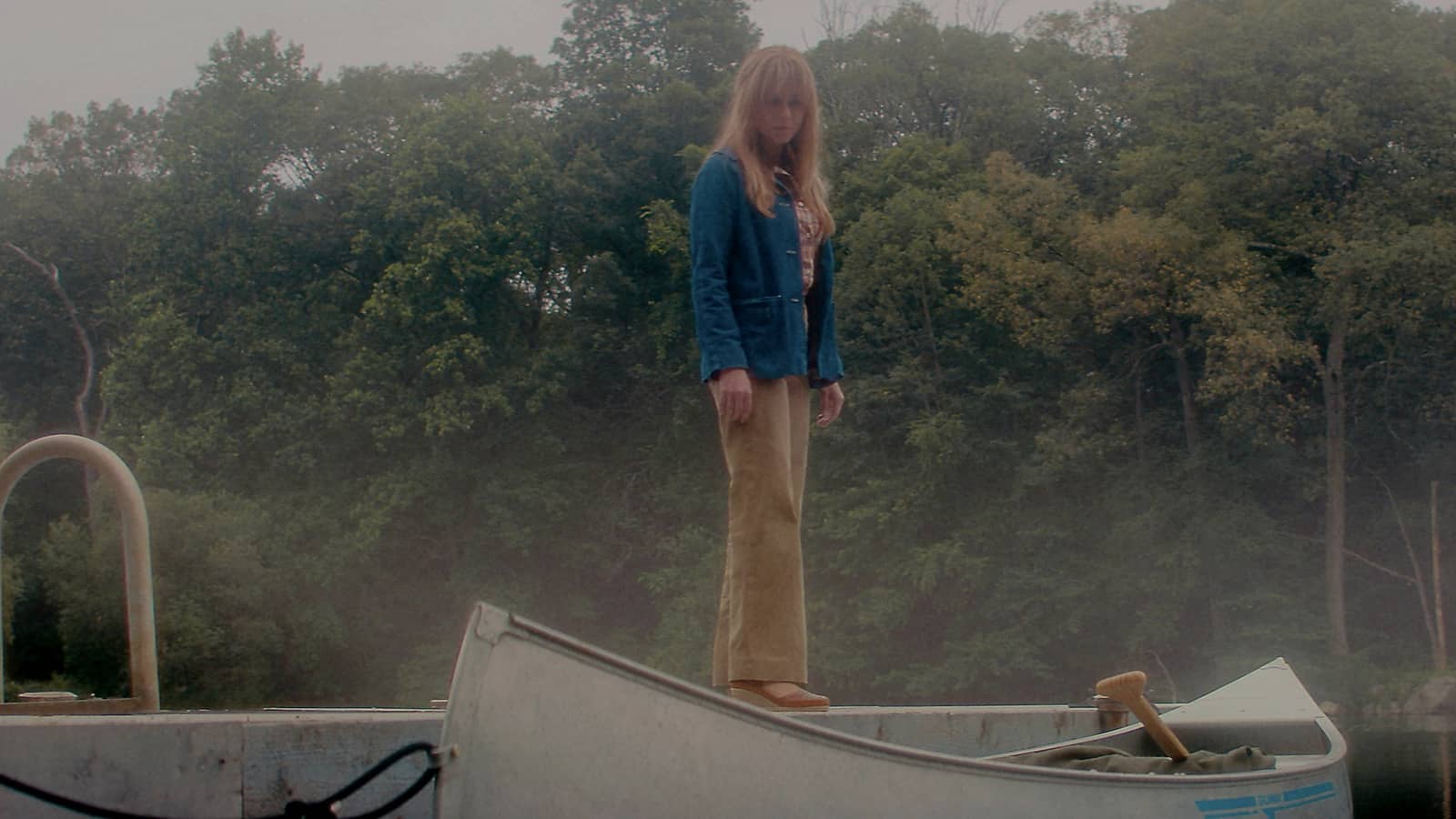 Crystal Lake still — lake, woods, 1970s camp mood — Peacock and A24