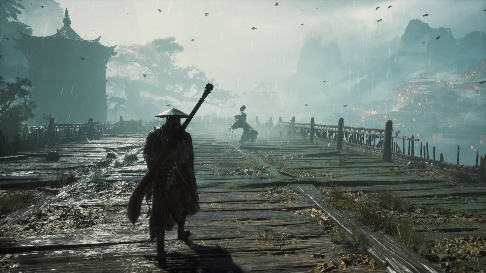 A swordsman in a straw hat walks a rain soaked wooden bridge toward a leaping foe in Phantom Blade Zero
