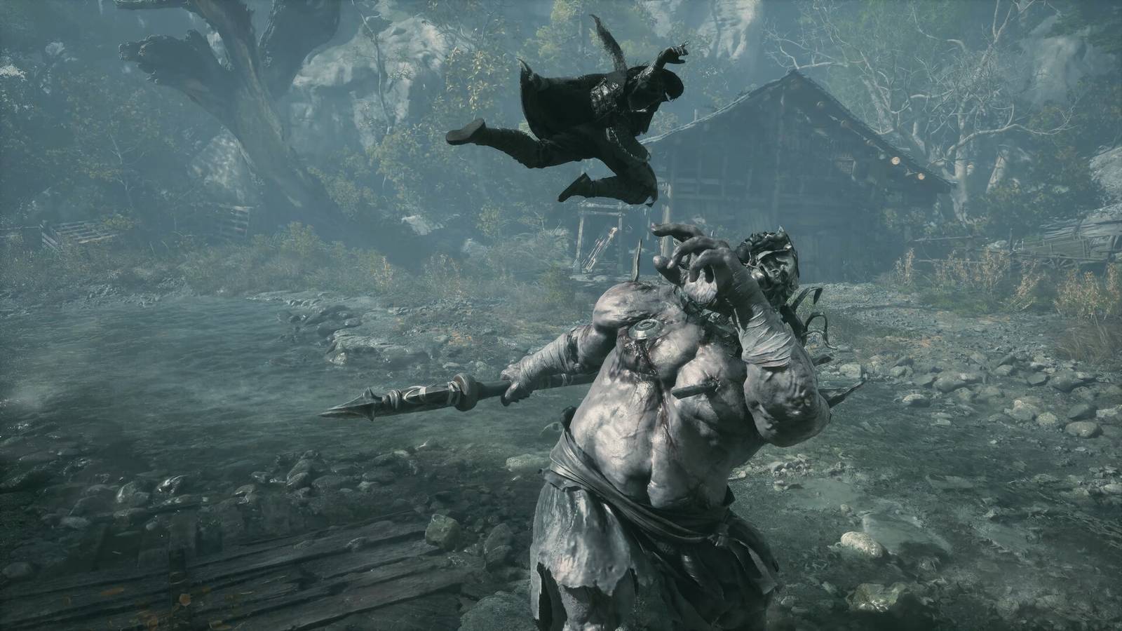 Soul, the hero of Phantom Blade Zero, leaps at a hulking spear wielding brute in a screenshot from the game