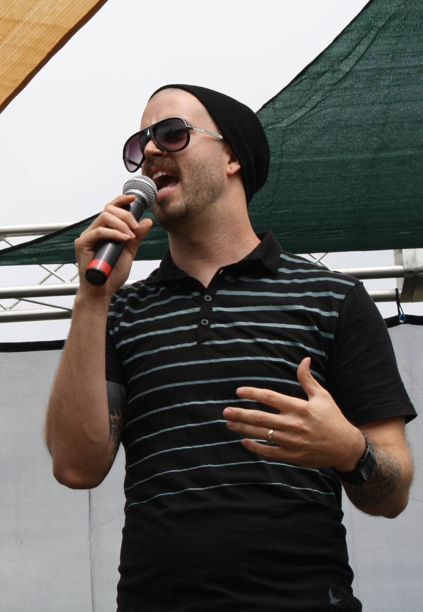 Project 86 singer Andrew Schwab in sunglasses singing outdoors