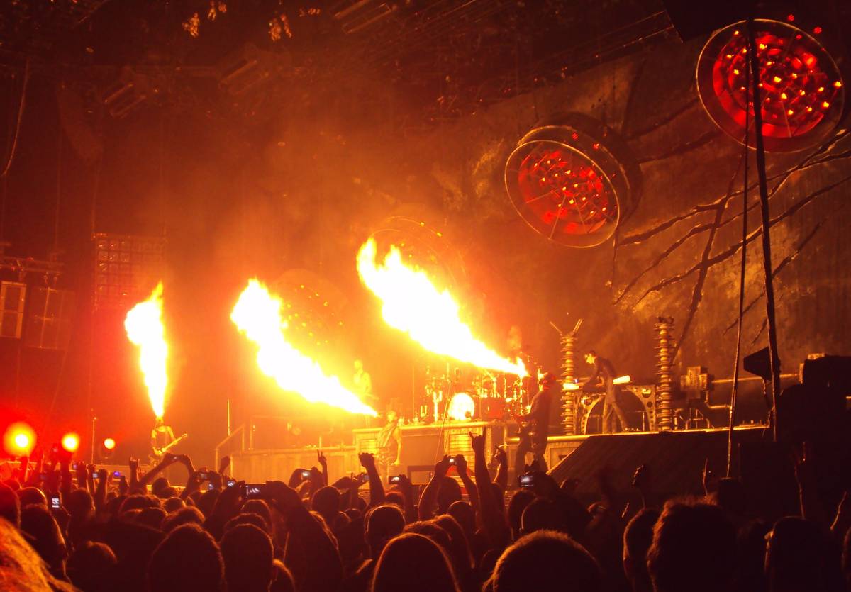 Rammstein performing with flames shooting across the stage