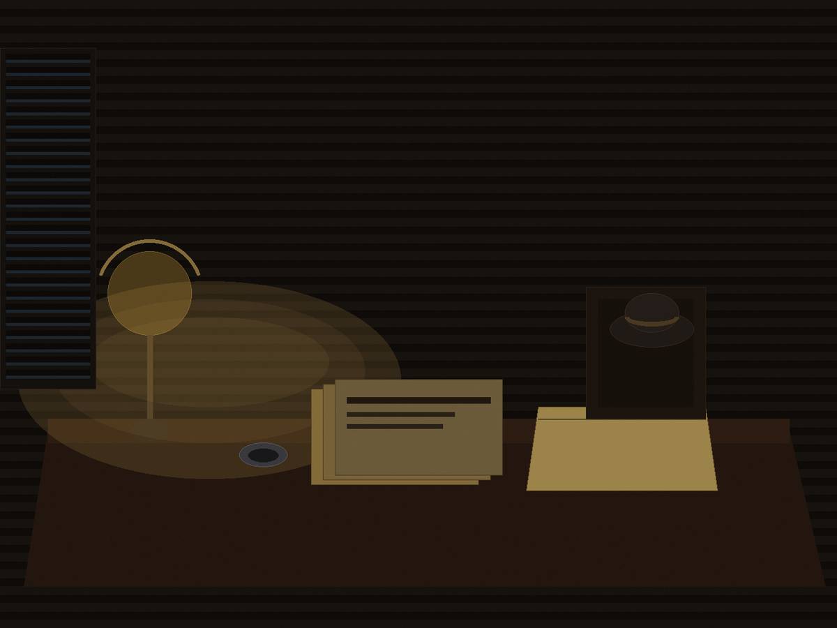 Empty detective's office with a desk lamp, a stack of files and a fedora on a chair