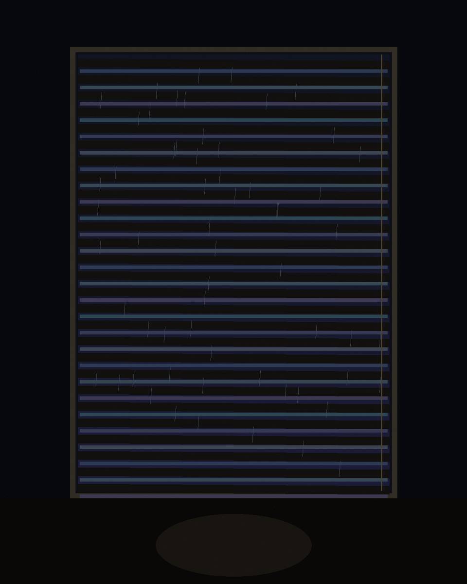 Shadows of window blinds across an empty office wall, rain on the glass