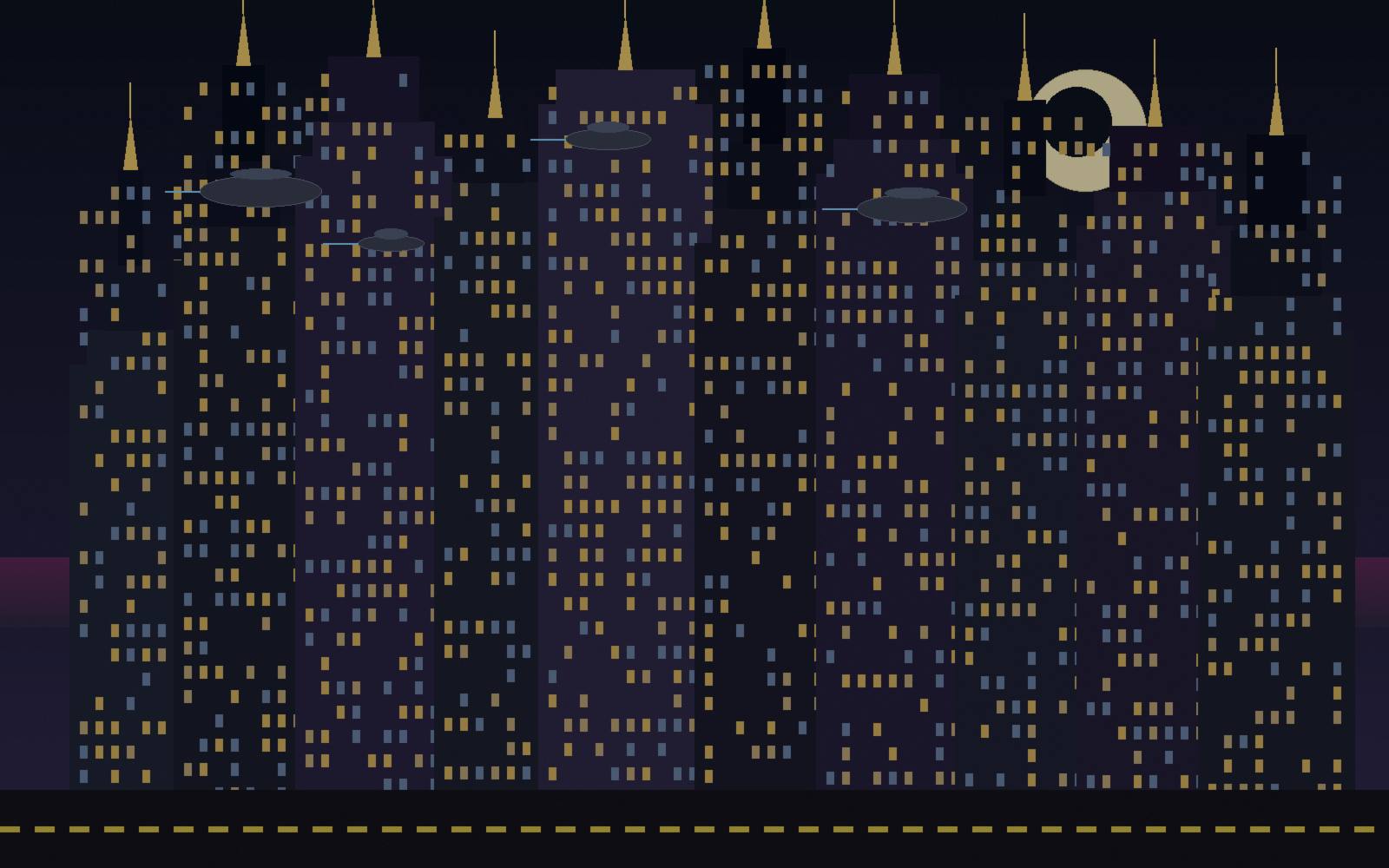 Art Deco city skyline with flying cars