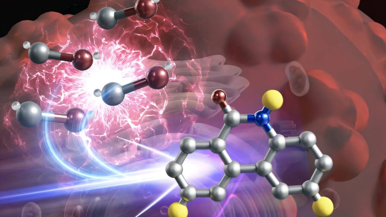 Artistic rendering of carbon monoxide molecules and a drug molecule forming inside a cancer cell, with purple light streaks