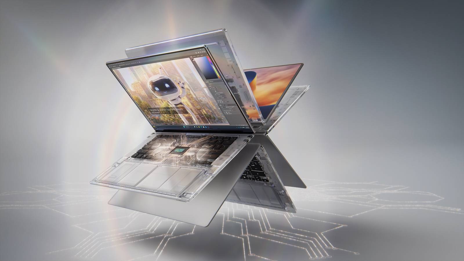 Silver RTX Spark laptops with partly transparent shells float above a glowing circuit pattern