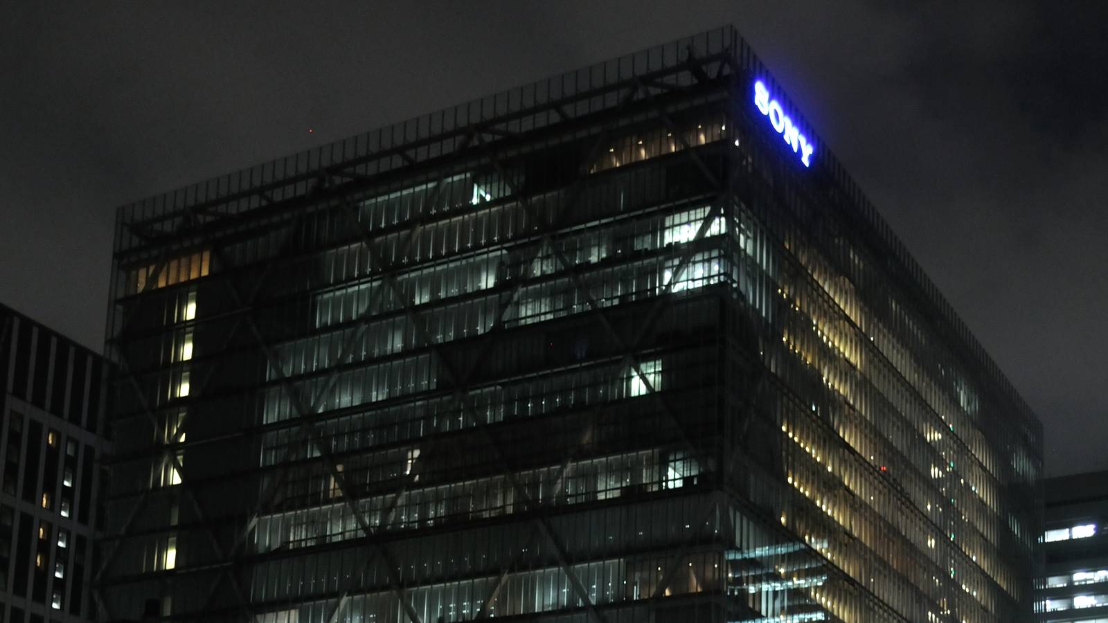Sony's headquarters building in Tokyo lit up at night