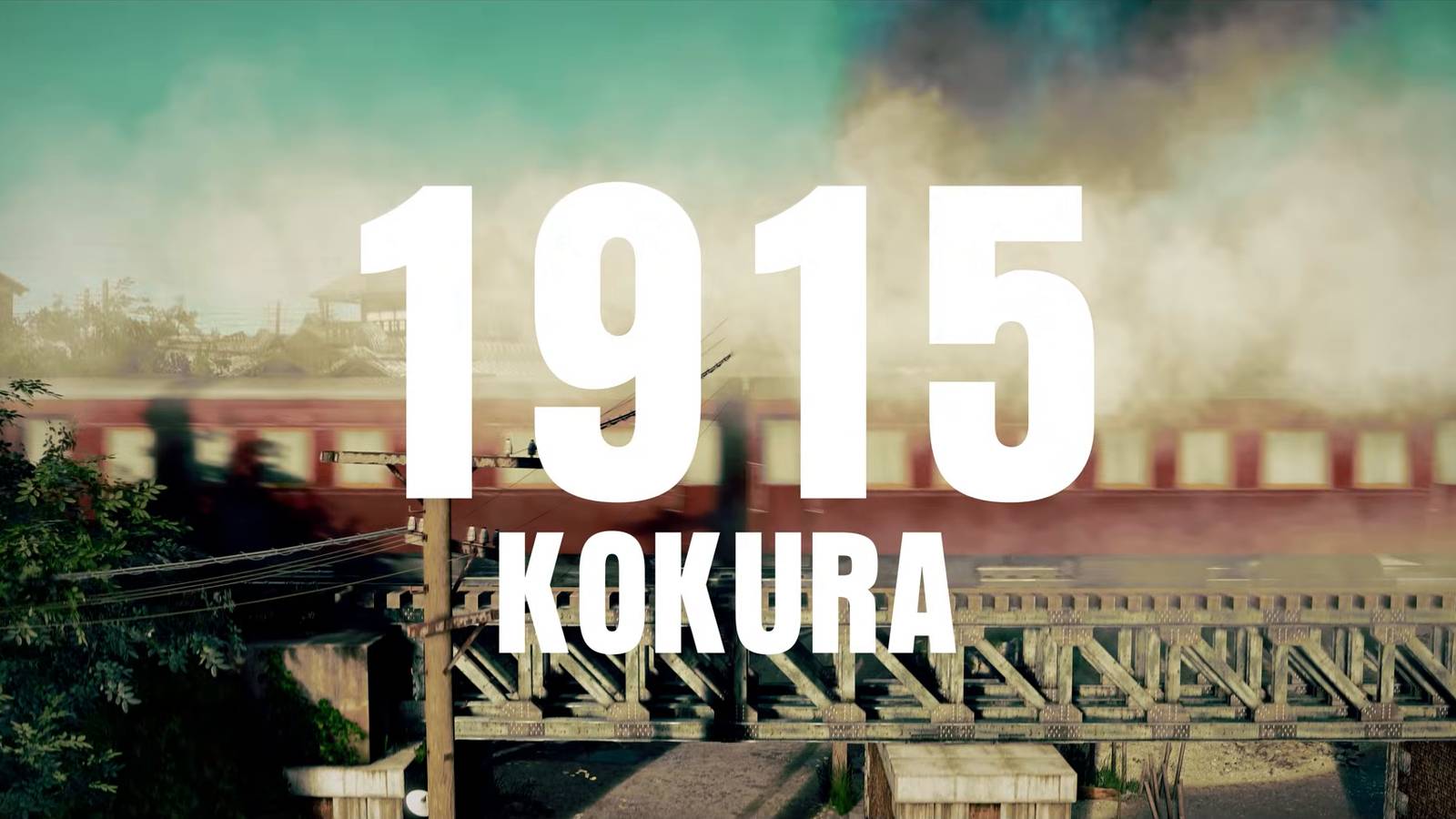 Title card reading 1915 Kokura over a steam train crossing a bridge, from the Stranger Than Heaven trailer