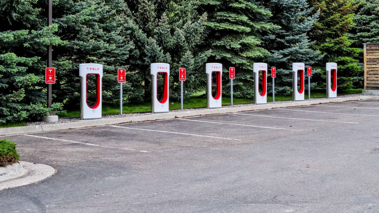 A row of Tesla Supercharger stalls beside pine trees at an empty car park in Missoula, Montana