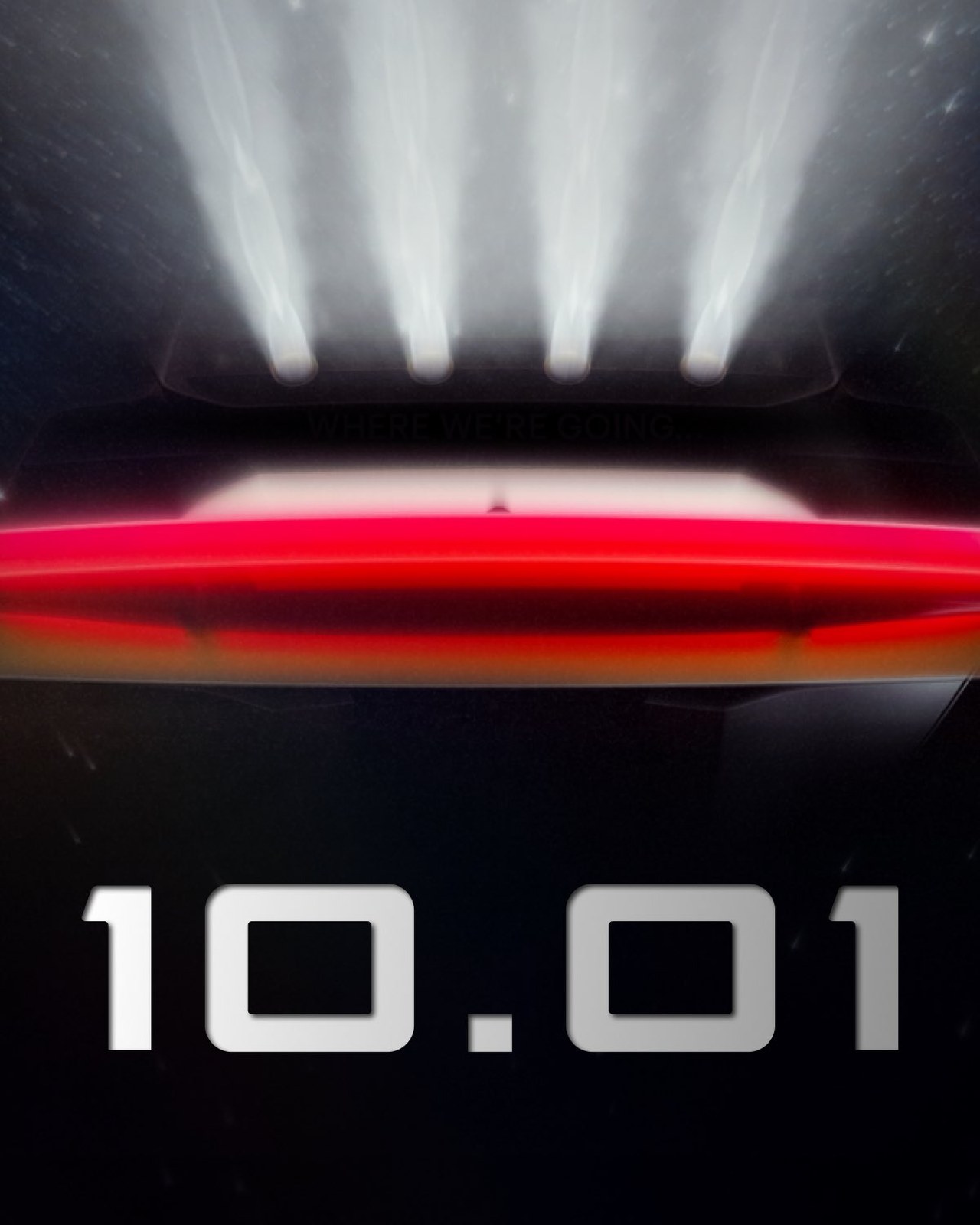 Tesla teaser graphic showing a red rear light bar under four bright jets, with the date 10.01