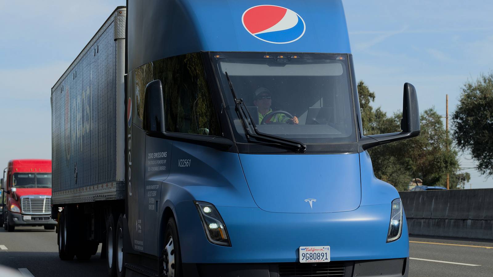A Pepsi-operated Tesla Semi on the highway near Sacramento, California, in October 2023