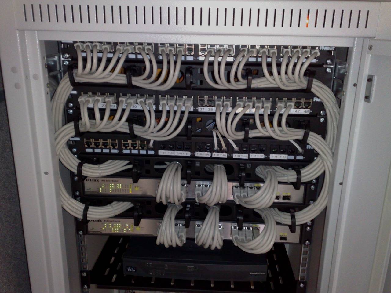 Darkened rackmount Ethernet switches and patch panels, object only