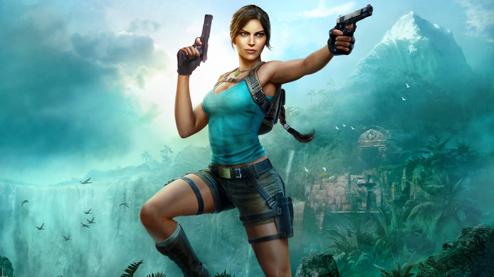 Lara Croft in a teal top aiming two pistols in front of a jungle waterfall and mountain in Tomb Raider key art