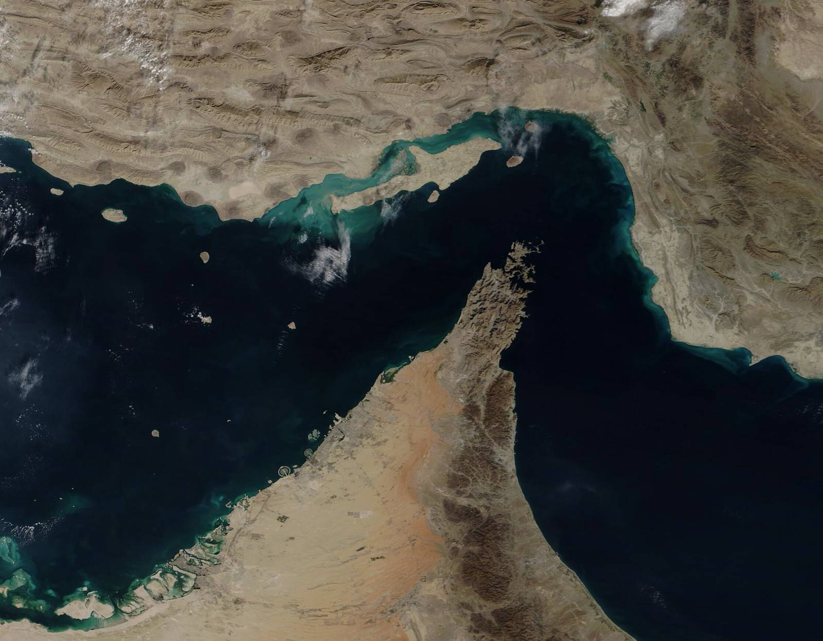 NASA MODIS satellite image of the Strait of Hormuz coastline