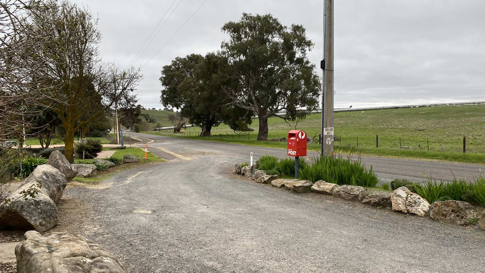 A country road with gum trees and a red post box at Tungkillo in South Australia