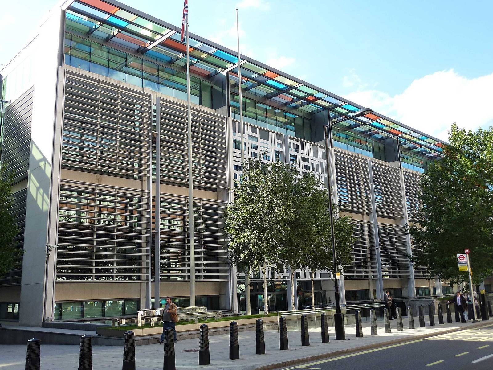 The Home Office headquarters at 2 Marsham Street, London, with coloured glass panels along its roof line