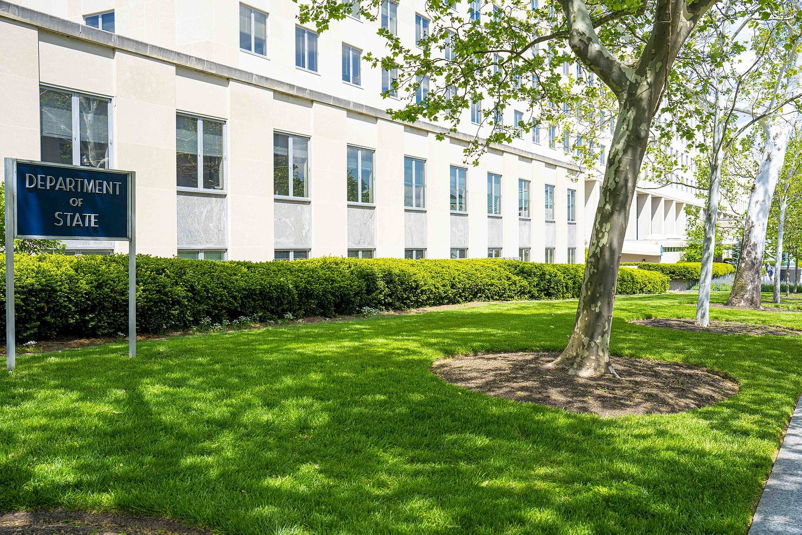 A Department of State sign on a lawn outside the Harry S Truman Building in Washington