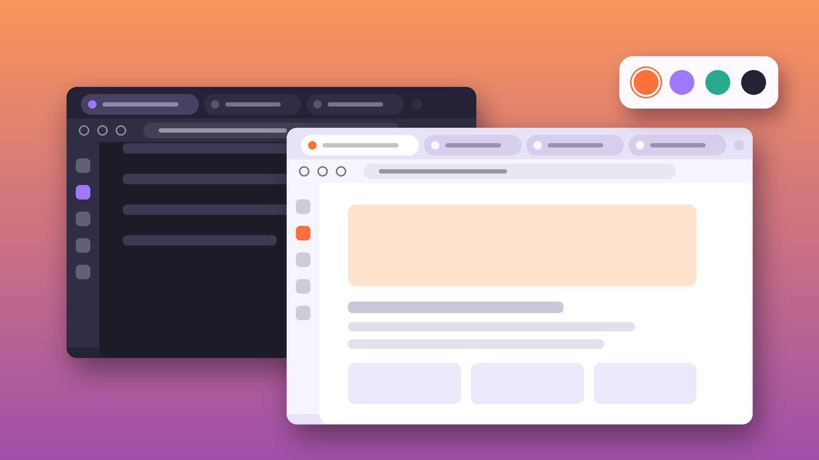 Illustration of a light and a dark browser window with tabs, a slim sidebar and a palette of theme colours