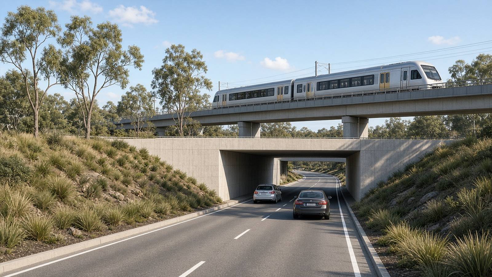 Illustration of cars driving through a new road underpass beneath a rail bridge carrying a suburban train