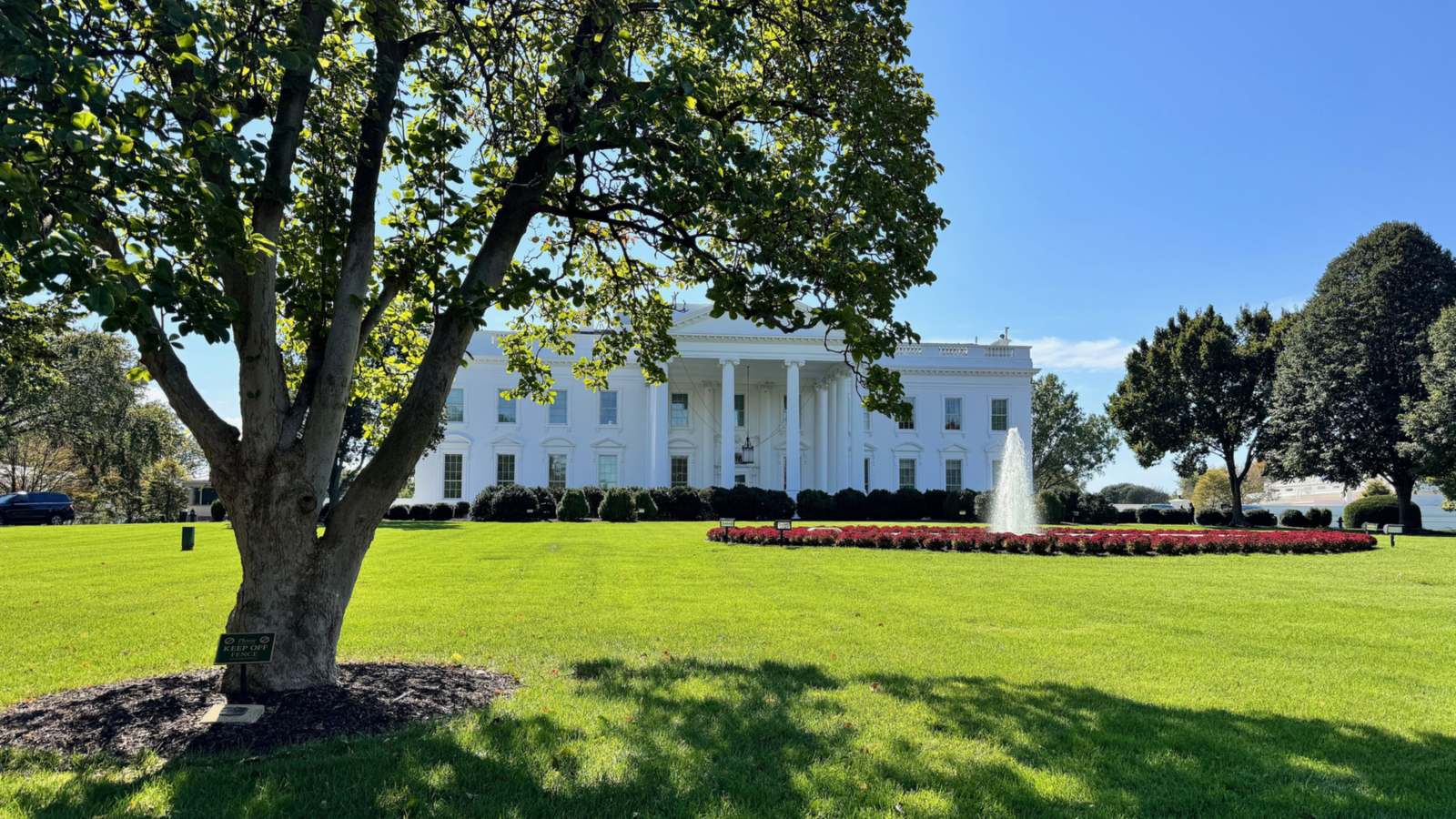The north front of the White House behind a tree, a fountain and a lawn edged with red flowers