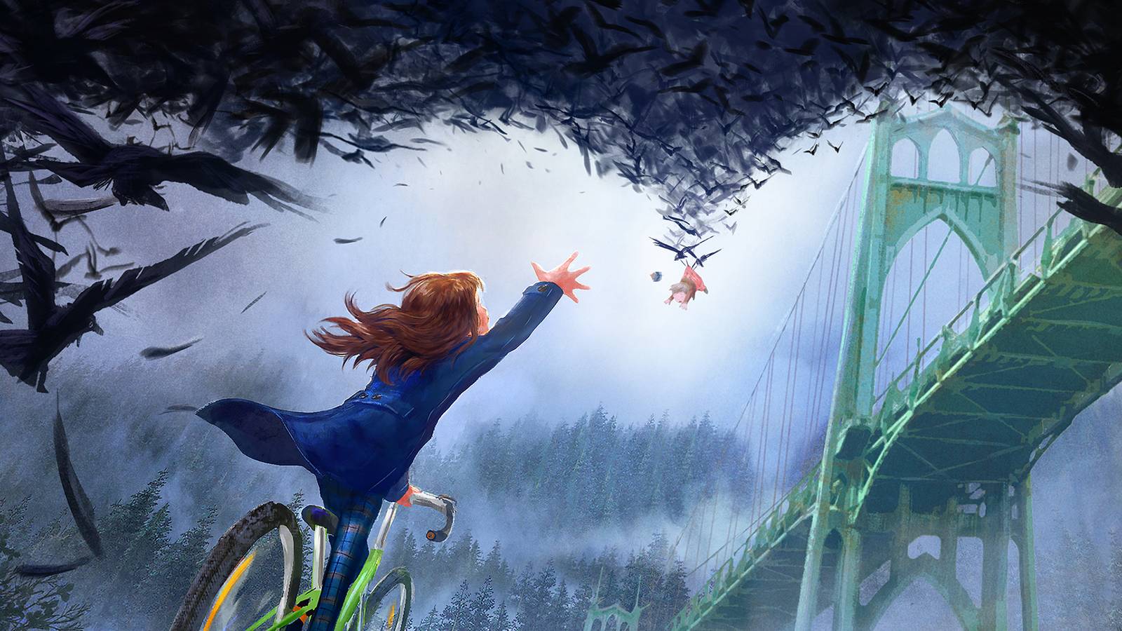 Painted artwork of a girl on a bicycle reaching up towards a flock of crows beside a green bridge in misty woods