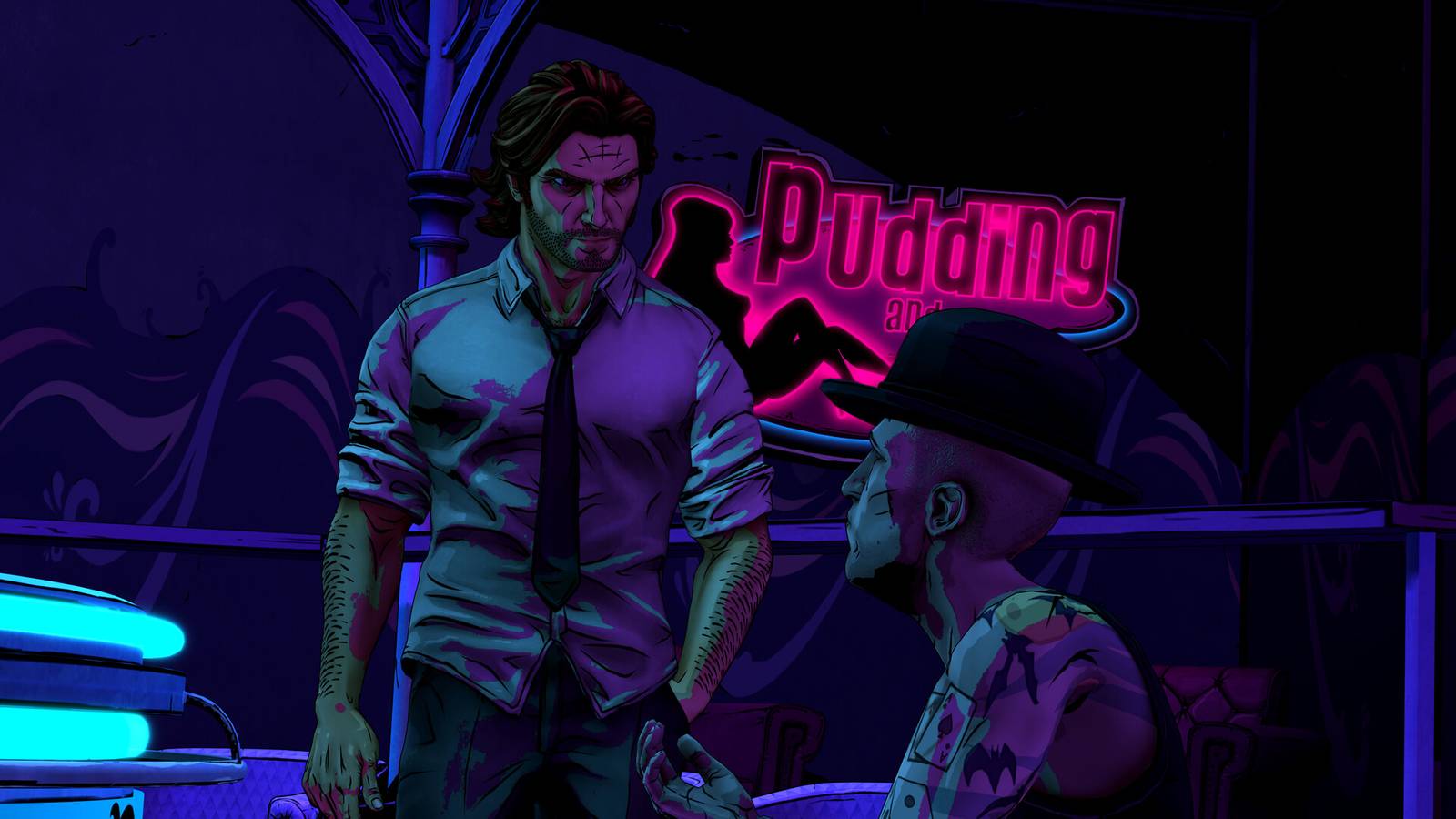 Bigby Wolf questions a man under a pink neon sign in The Wolf Among Us Remastered