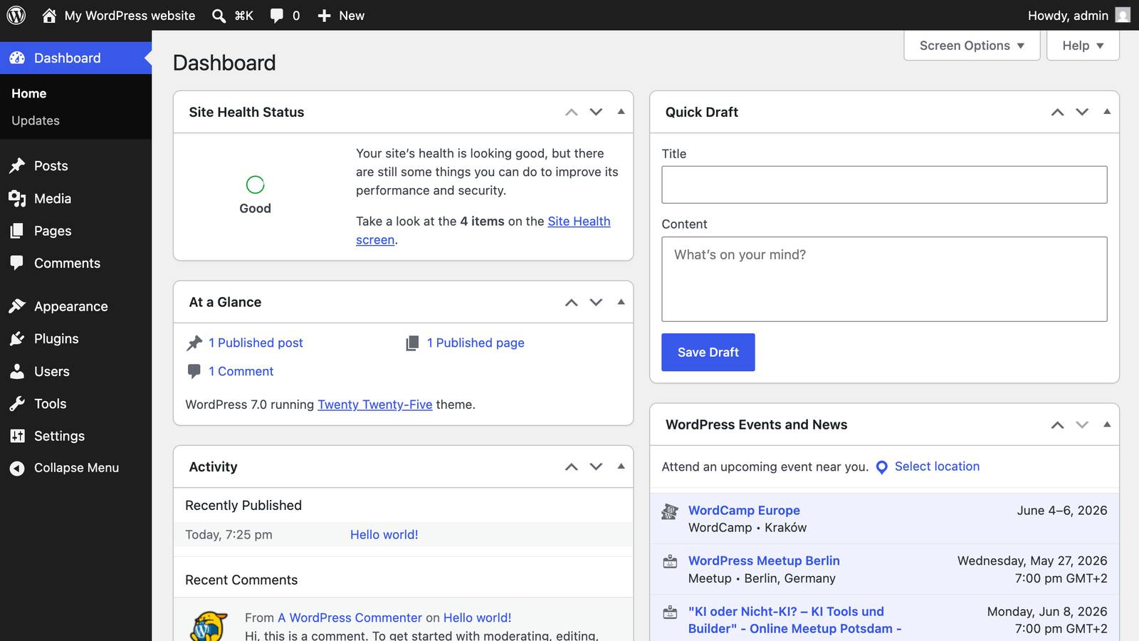 The WordPress 7.0 admin dashboard with its dark sidebar menu and site health, activity and news panels