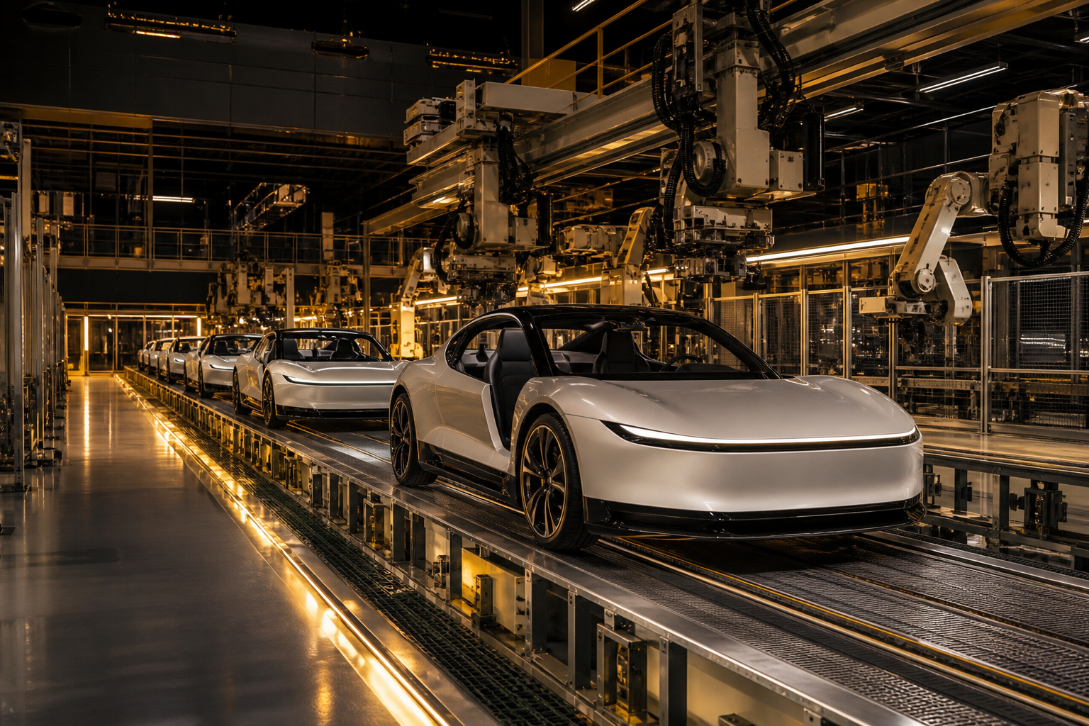 An unboxed vehicle on a production line