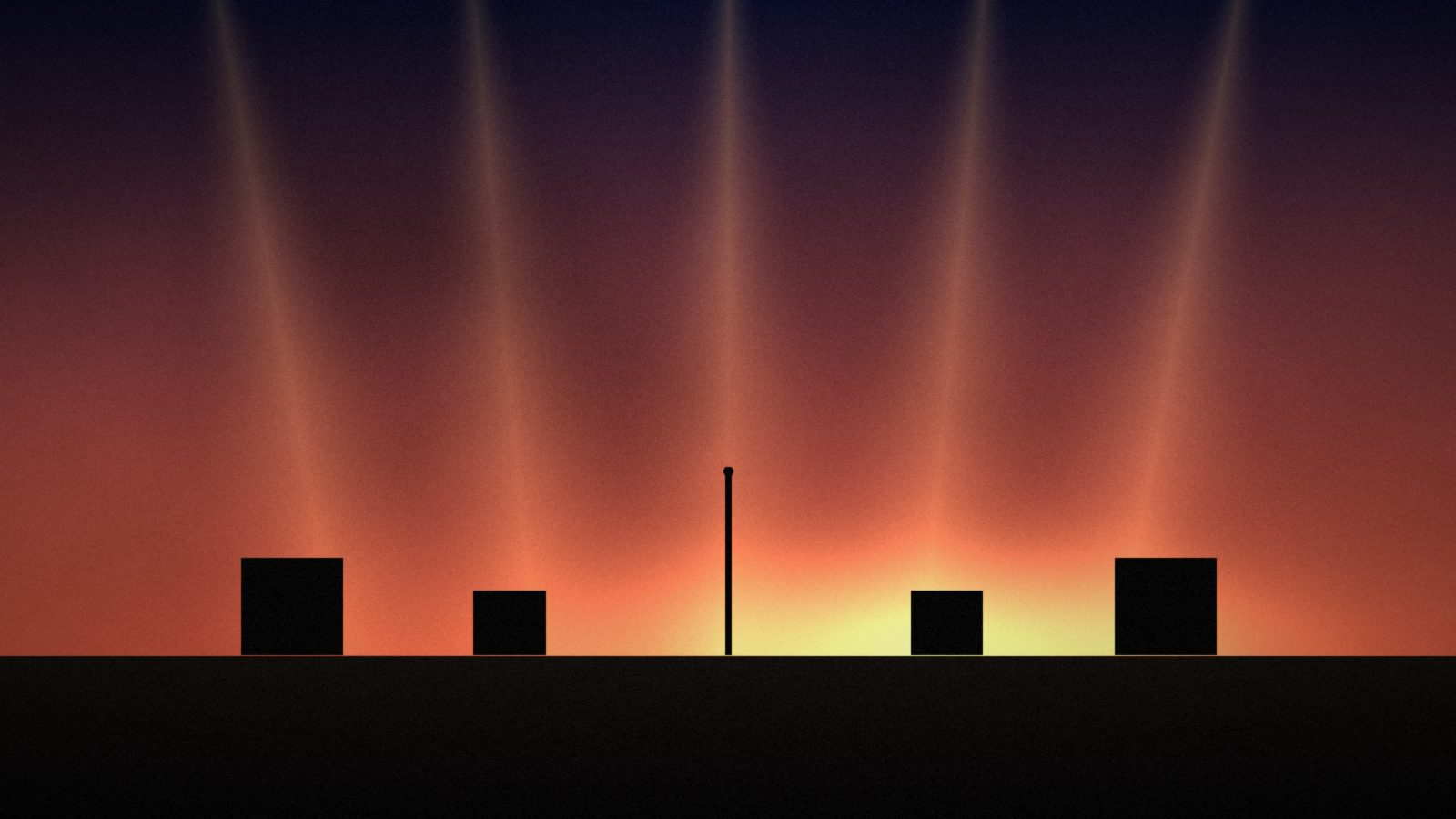 Stage beams fall through haze onto a dark stage with a single microphone stand between amps.