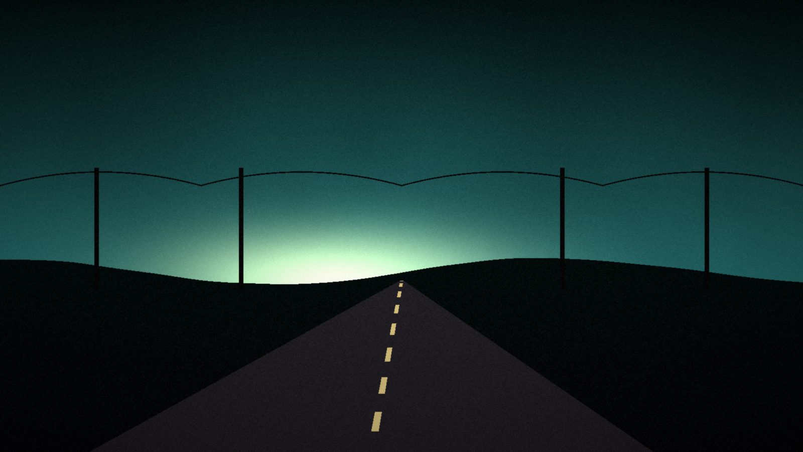 An empty two-lane road runs toward a glowing horizon under power lines at dusk.