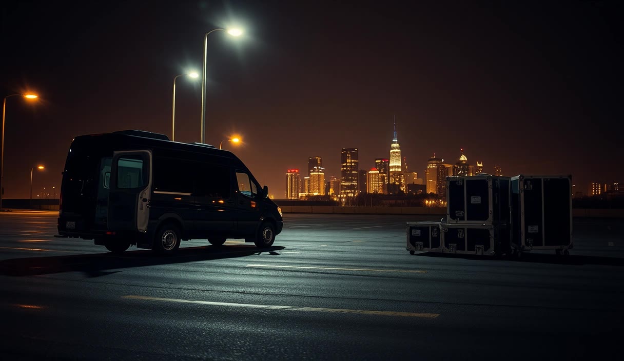 Mid-2000s tour-van / city night lot scene still