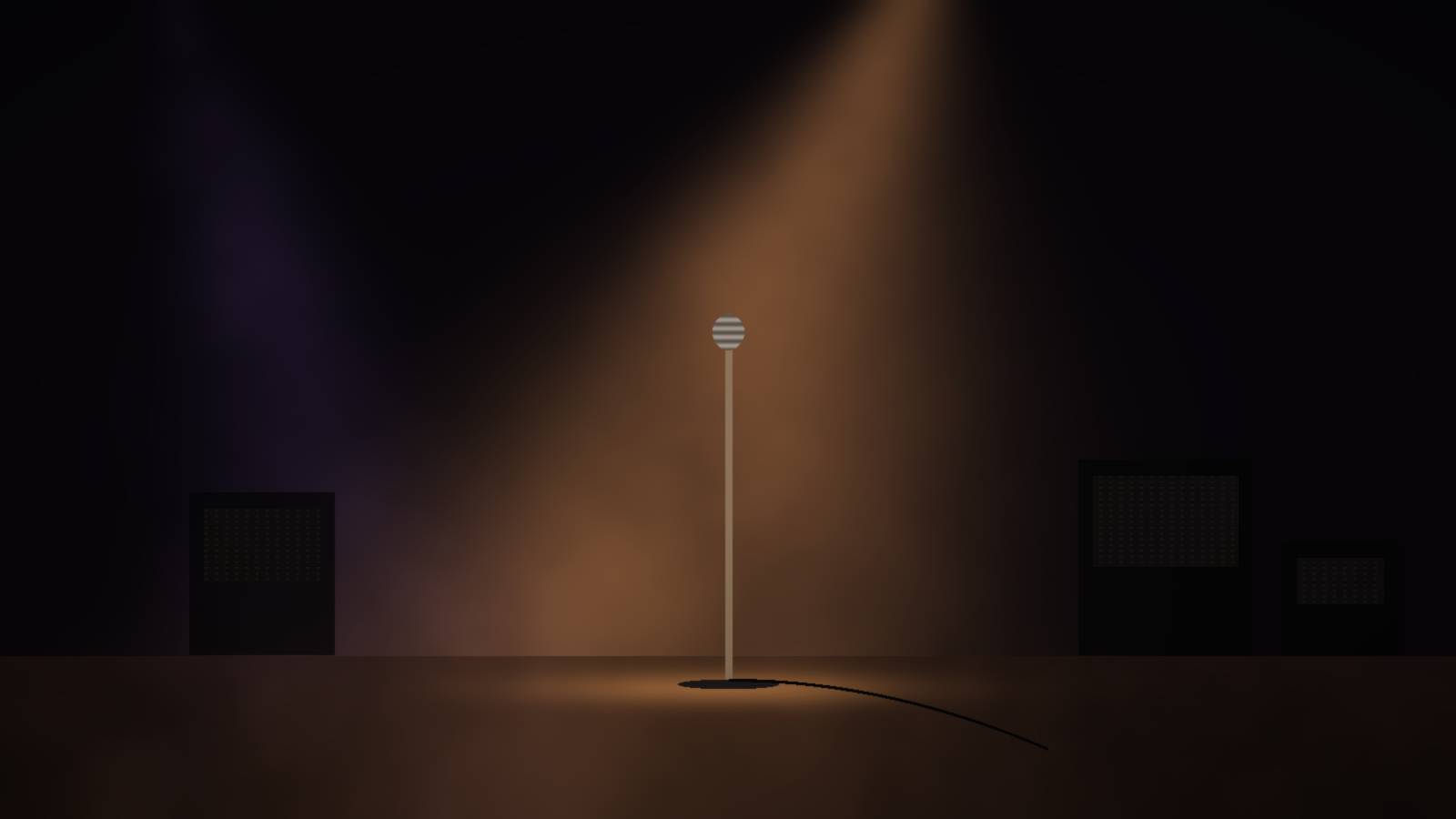 A lone microphone stand on an empty club stage, lit by one warm beam through the haze, with amps in the shadows.