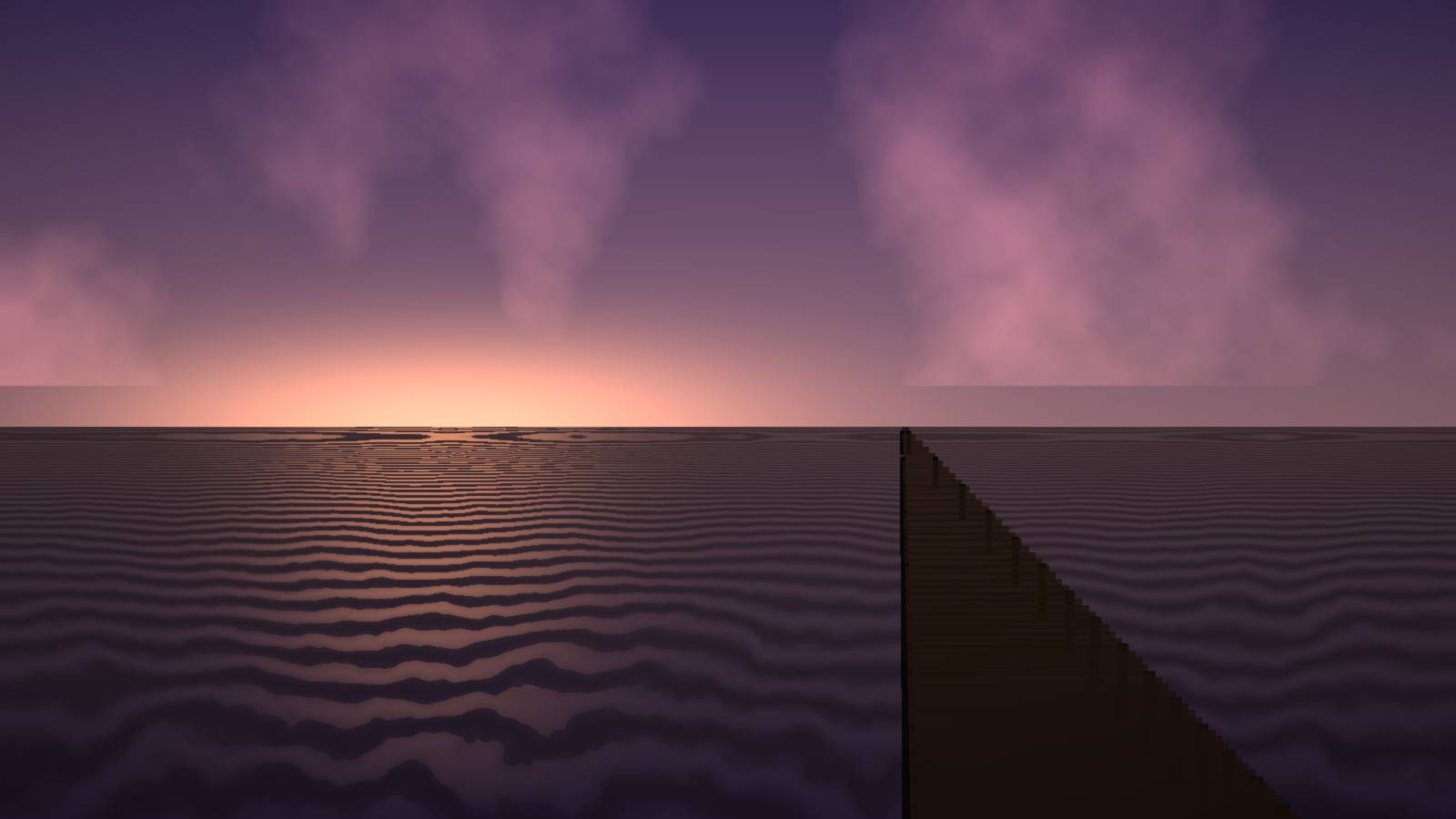 A long wooden pier runs out over rippled water toward a pink sunset glow under purple evening clouds.