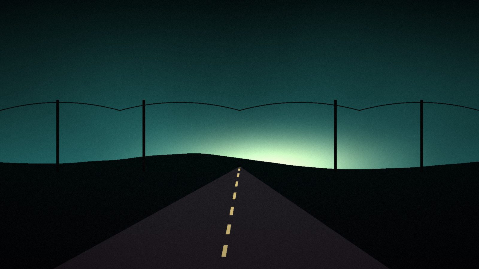 An empty two-lane road runs toward a glowing horizon under power lines at dusk.