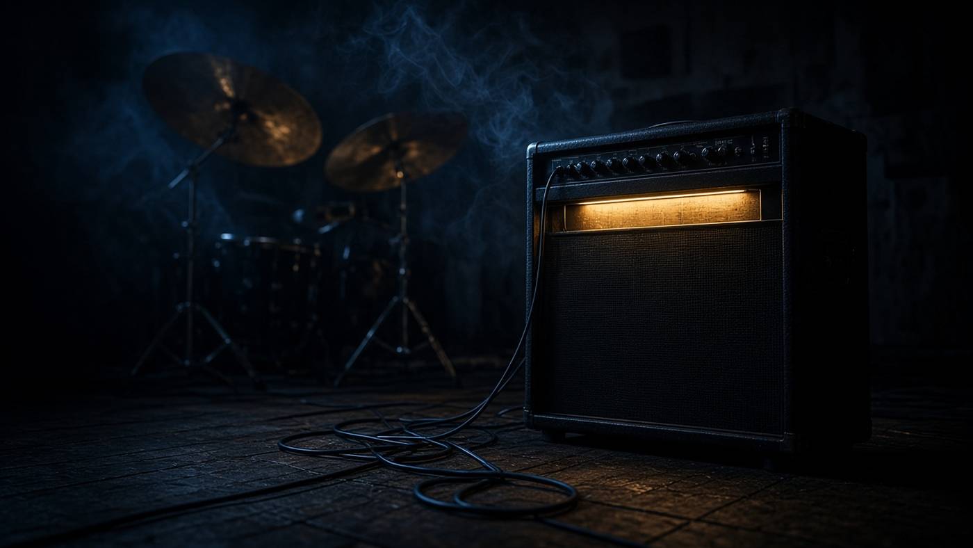 A guitar amp glowing in a dark rehearsal room beside a drum kit.