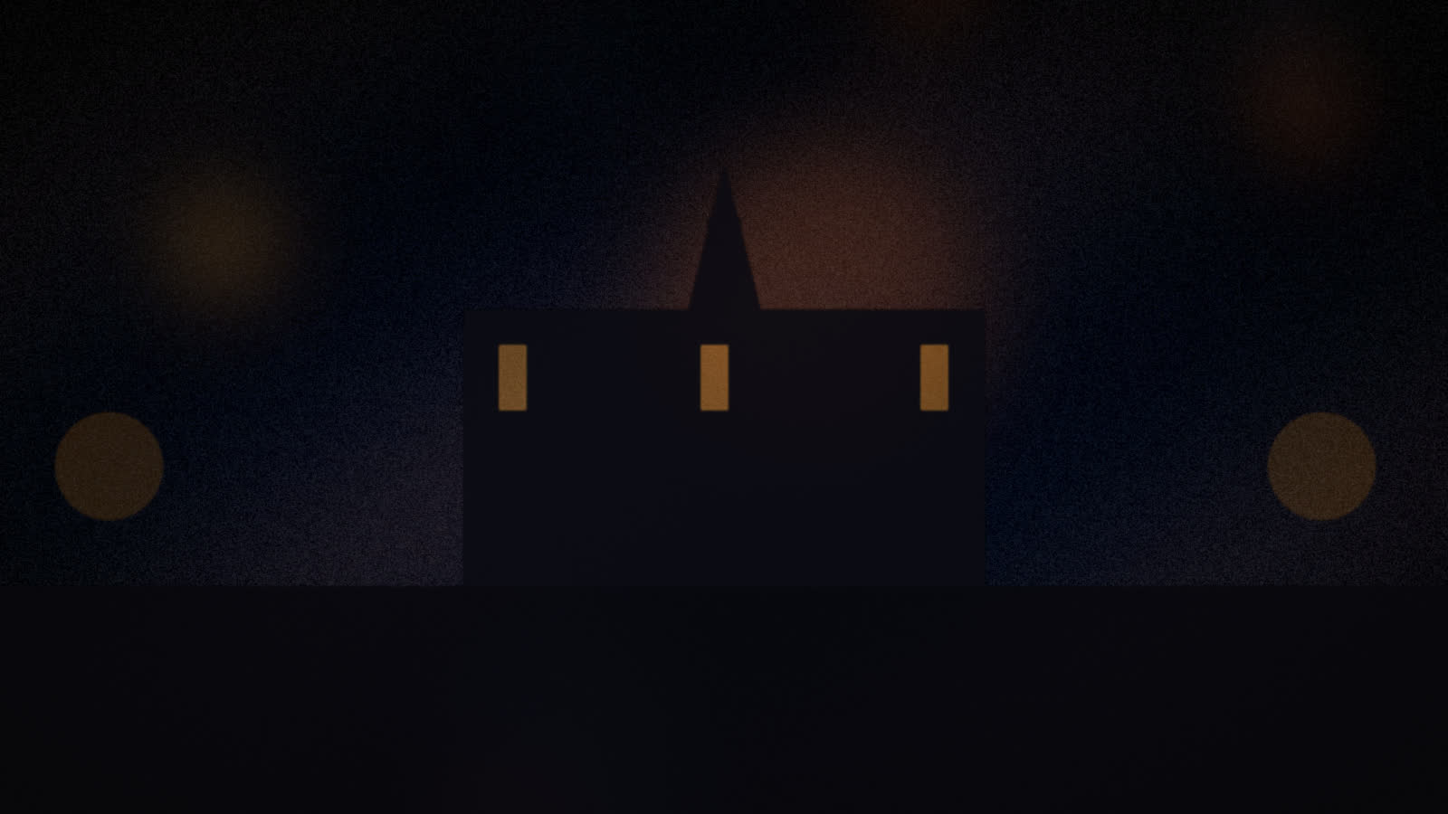 Church exterior at night — Midwestern tour-stop scene still
