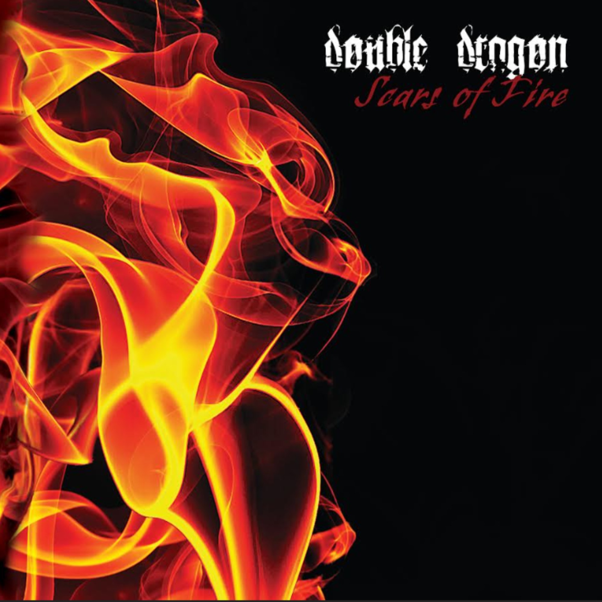 Scars of Fire cover, orange and yellow flames on the left of a black background, the band name in white