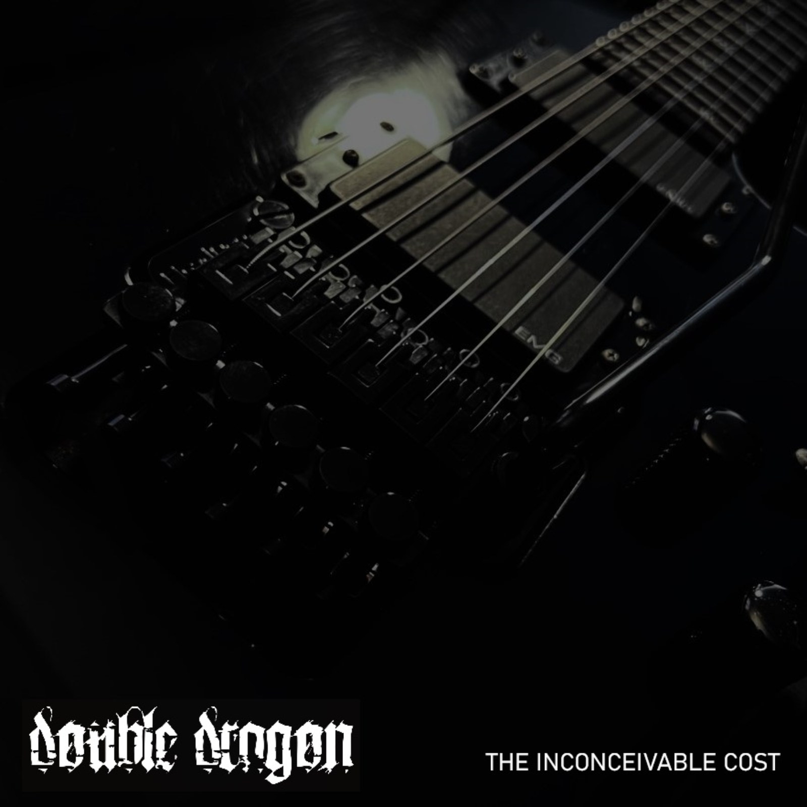 Dark close-up of electric guitar strings and pickups on the cover of Double Dragon's single The Inconceivable Cost