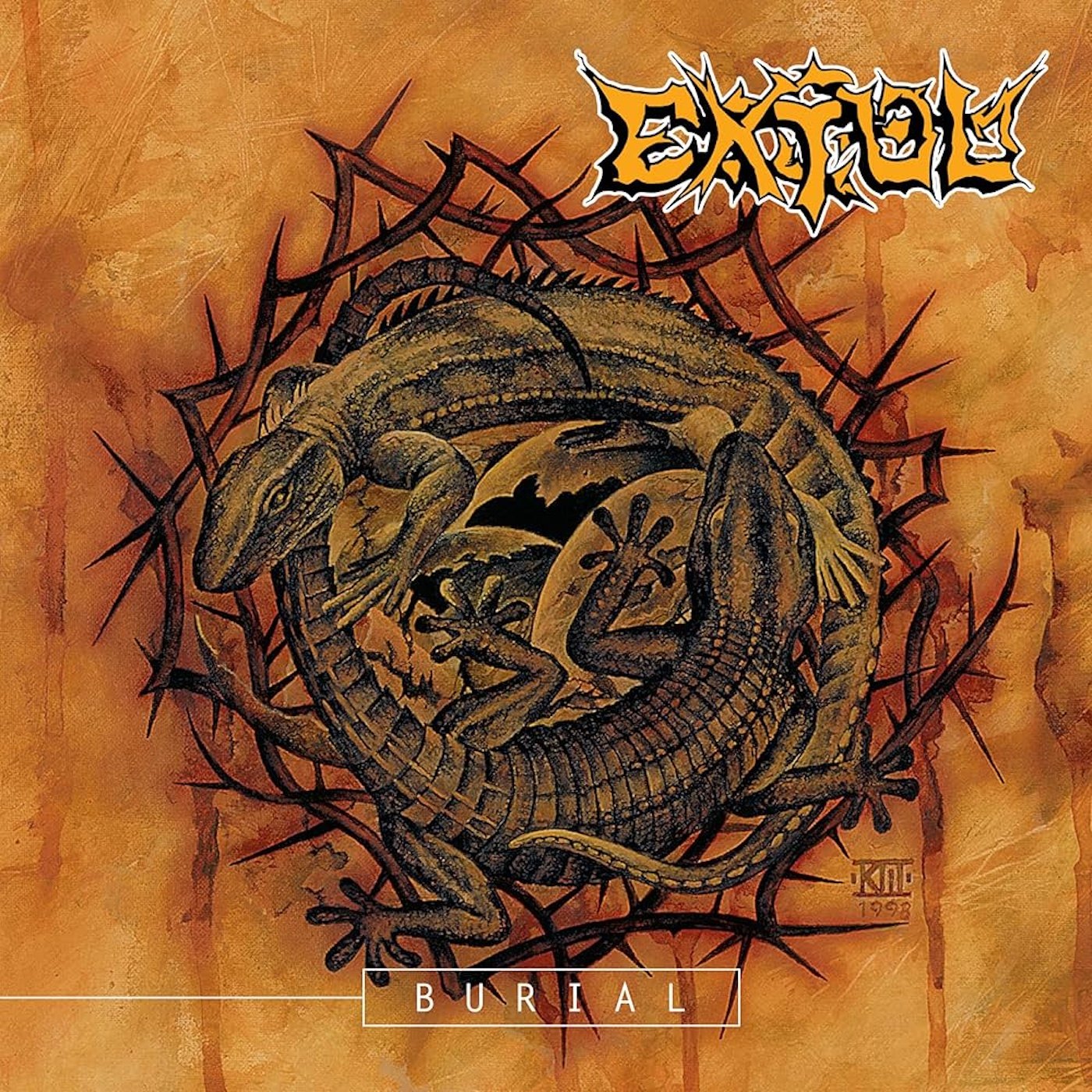 Extol's Burial album cover, a lizard coiled inside a crown of thorns on an orange background