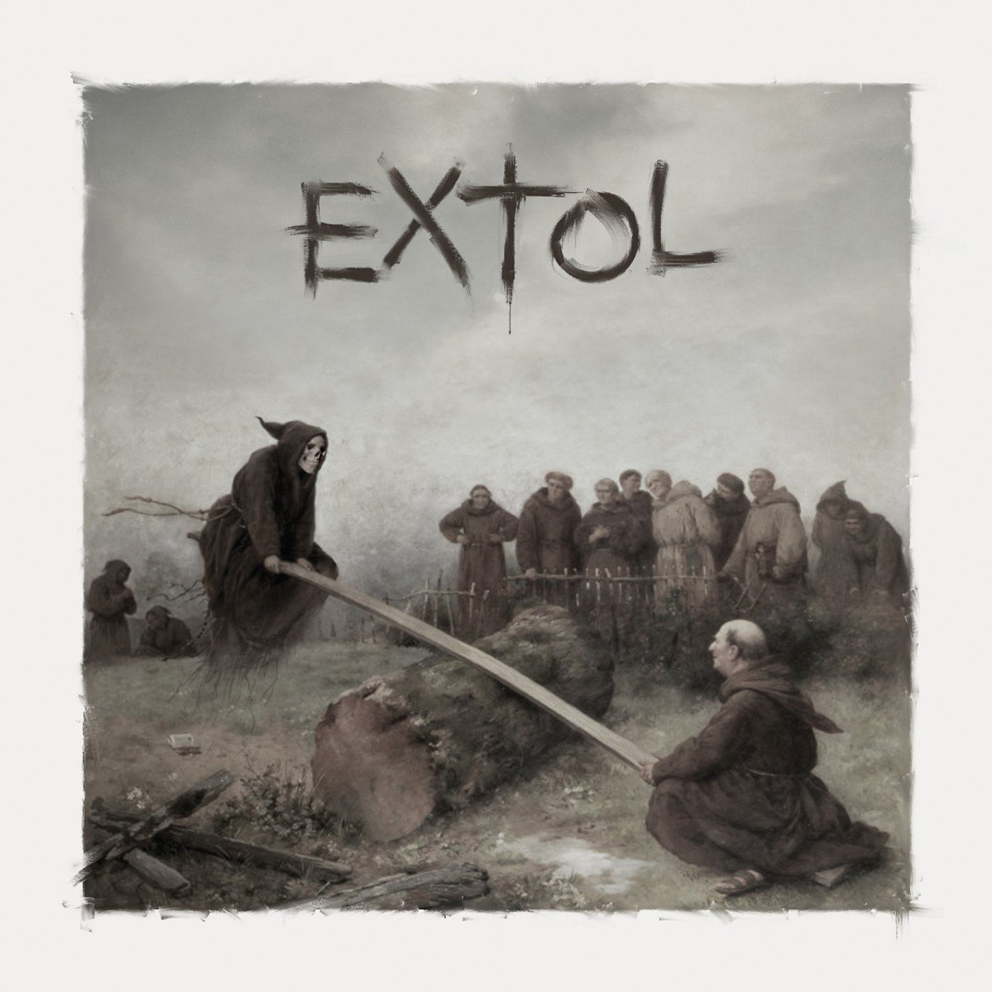 Extol's Synergy album cover, a hooded figure and a crowd of robed people beside a felled tree in a grey field