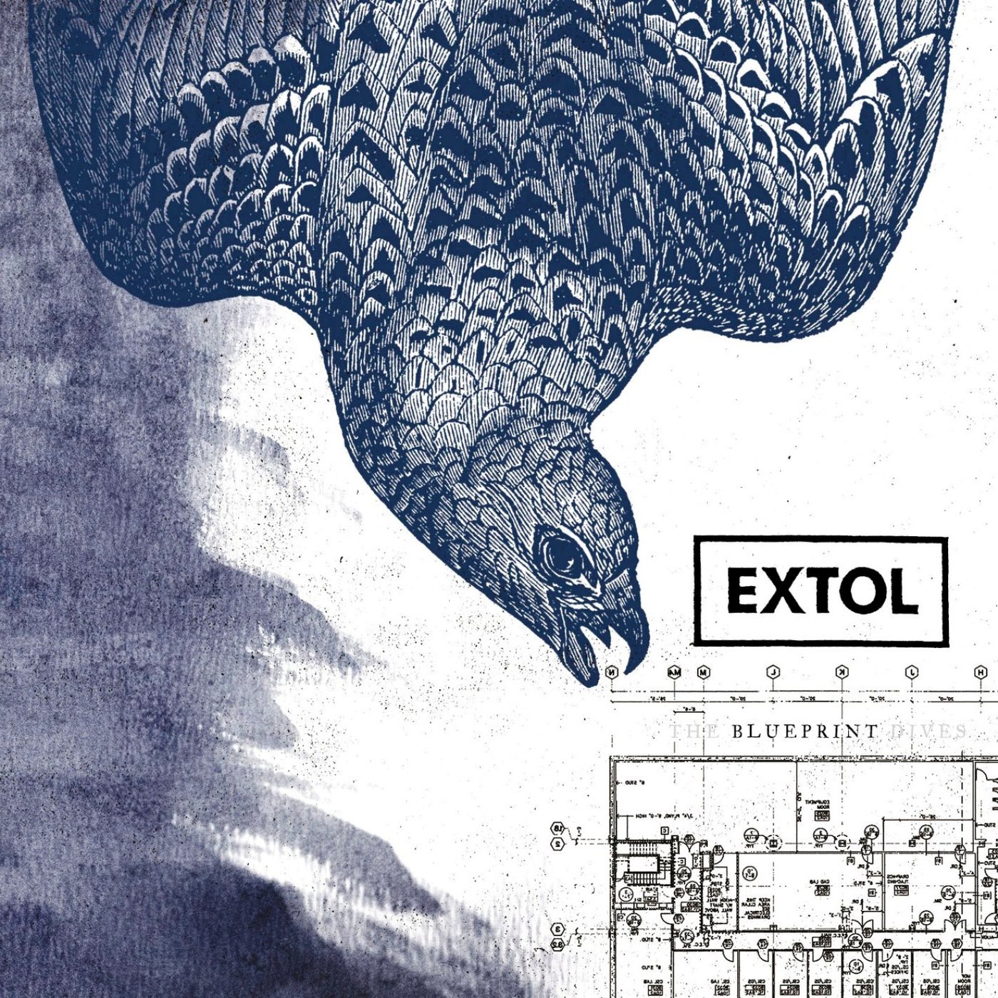 Extol's The Blueprint Dives album cover, a blue bird diving over an architectural blueprint