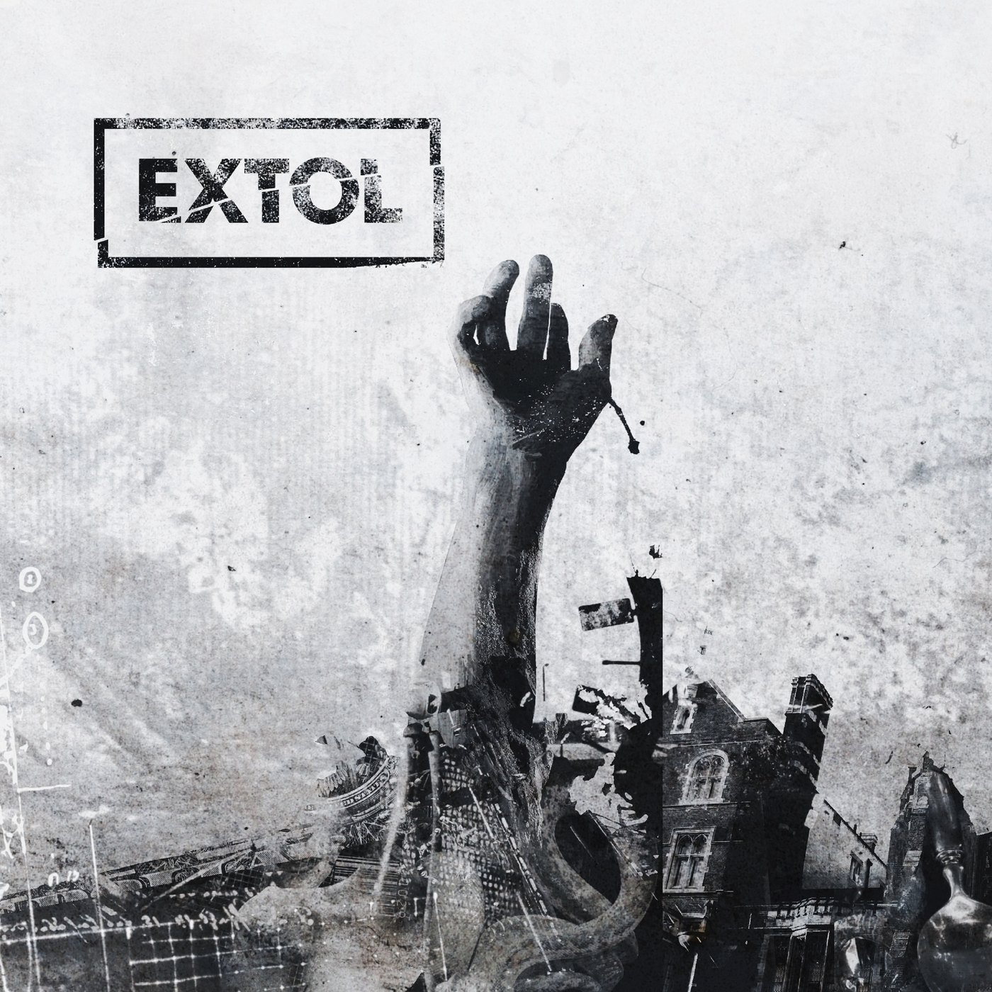 Extol's self-titled album cover, a hand reaching up out of a crumbling grey city