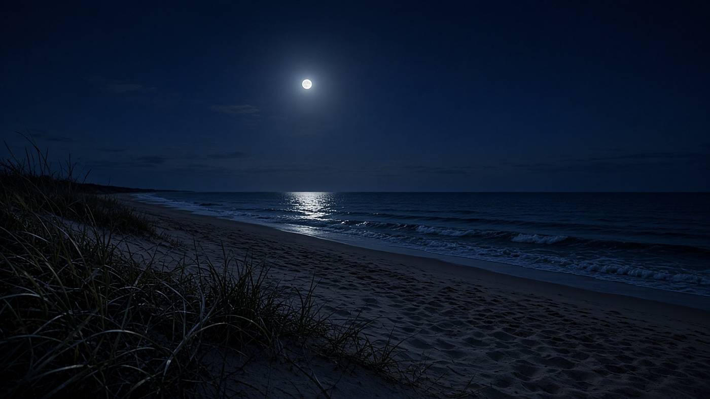 A moonlit beach at night, with dune grass in the foreground.