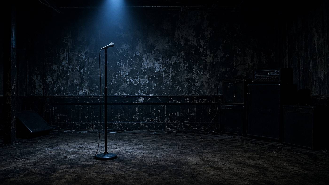 A lone mic stand under a cold blue light on an empty club stage.