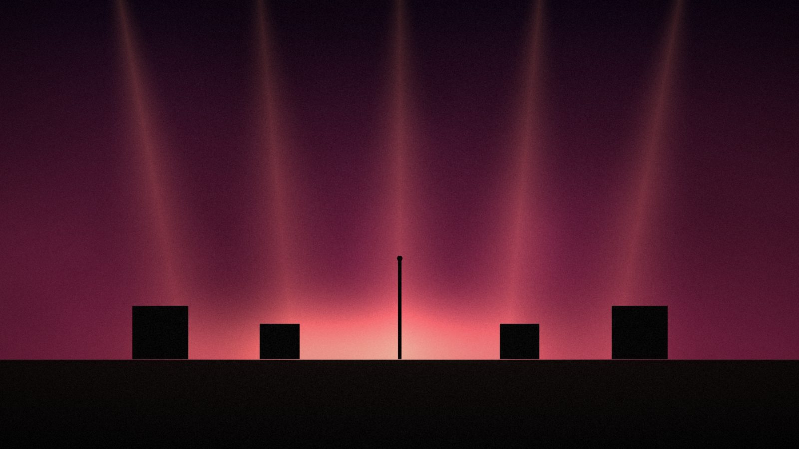 Empty club stage under pink haze, beams of light falling on a lone microphone stand between dark amp shapes.