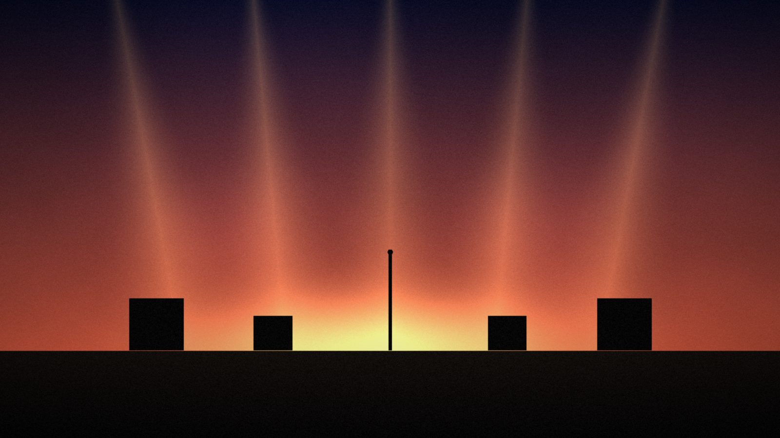 Stage beams fall through haze onto a dark stage with a single microphone stand between amps.