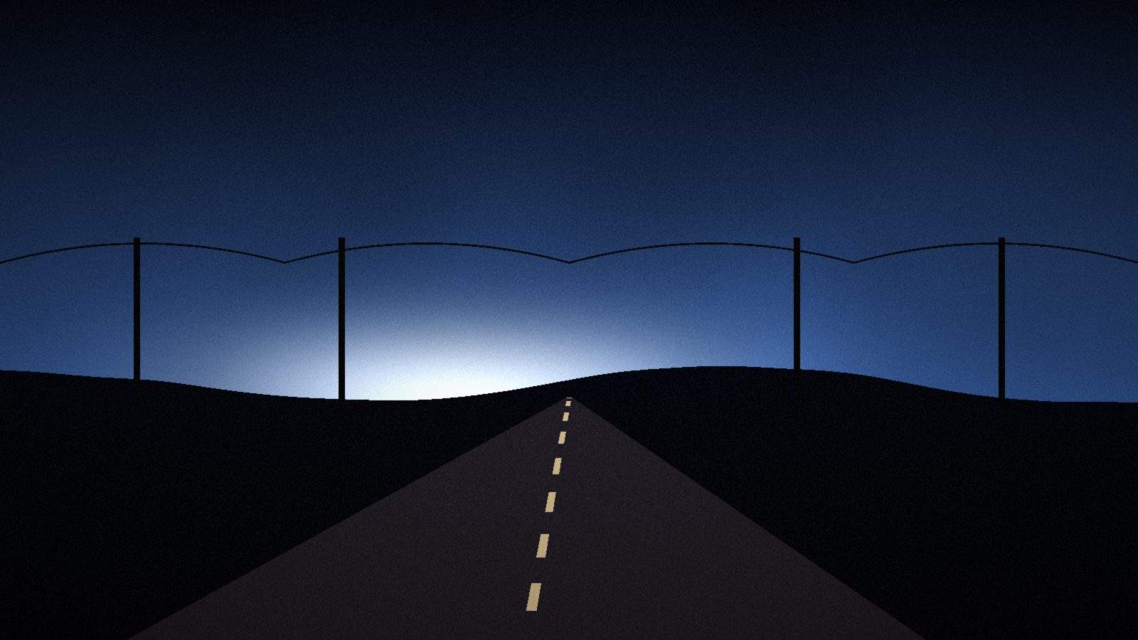 An empty two-lane road runs toward a glowing horizon under power lines at dusk.